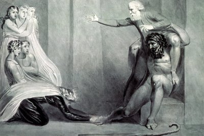 Tiriel, Borne Back to the Palace on the Shoulders of his Brother Ijim, Addressing his Five Daughters by William Blake